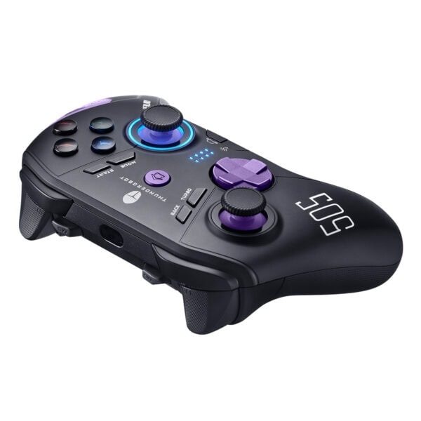 Yüksek performanslı oyun kolu, siyah ve mor detaylar ile tasarlanmış, gelişmiş kontrol düğmeleri ve RGB ışıklandırması ile gaming deneyimini artırır.