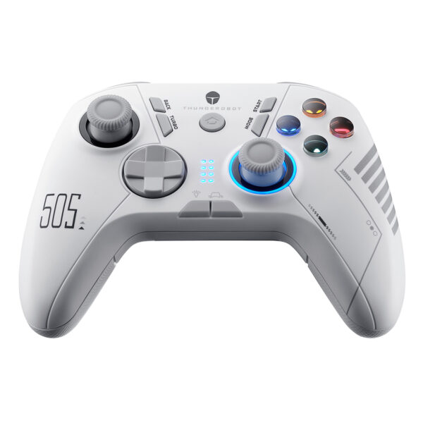 Yüzeyde yeni nesil oyun kumandası, ışıklı ve ergonomik tasarım, çoklu butonlar ve hassas kontrol çubukları ile modern oyun ekipmanı, gaming ve e-spor tutkunları için ideal.