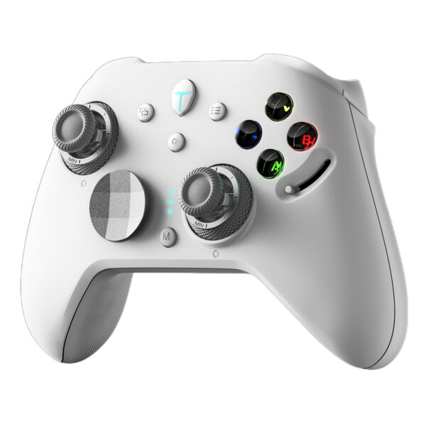 Yüksek kaliteli oyun kontrol cihazı, beyaz renkli, modern tasarım, debriyaj tuşları ve hassas joystickler, profesyonel oyuncular ve oyun meraklıları için uygun.