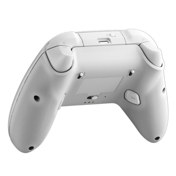 Yedeklenmiş beyaz oyun kumandası, arka görünüm, modern tasarım, ergonomik kontrol cihazı, PlayStation uyumlu, yüksek performanslı oyun aksesuarı.
