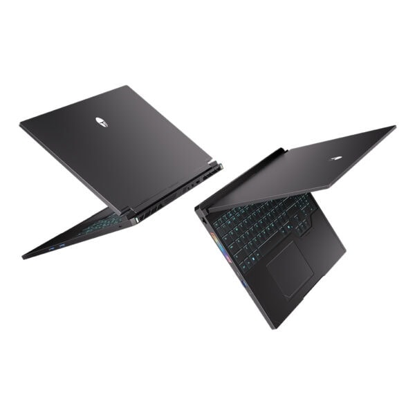 üstten açık dizüstü oyun laptopu, siyah renkli, RGB arka aydınlatmalı klavye ve yüksek performanslı gaming dizüstü bilgisayar, yüksek çözünürlüklü ekran ve güçlü işlemci özellikleriyle, en iyi oyun deneyimi için tasarlanmış.