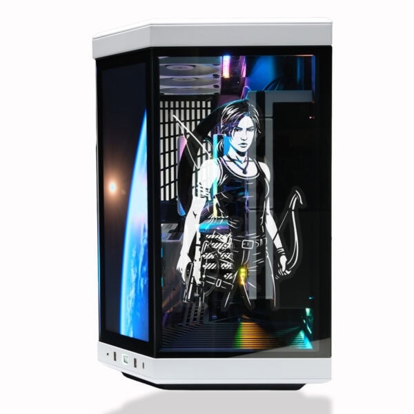 Yarışmalı bilgisayar kasası, LED aydınlatmalı yüksek performanslı gaming PC, şeffaf panel ve RGB ışıklandırma ile modern oyun bilgisayarı tasarımı.