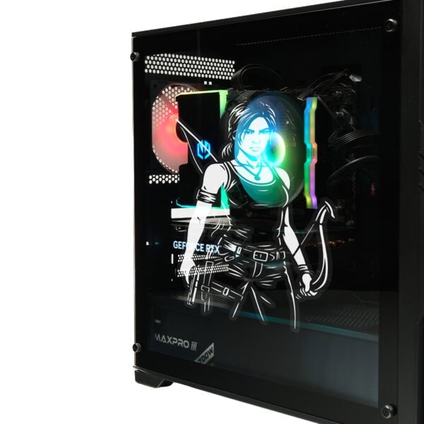 Parlak renkli gaming bilgisayar kasası içindeki LED aydınlatmalı donanım ve grafik kartı, yüksek performanslı oyun sistemleri için ideal, şık ve modern tasarım.