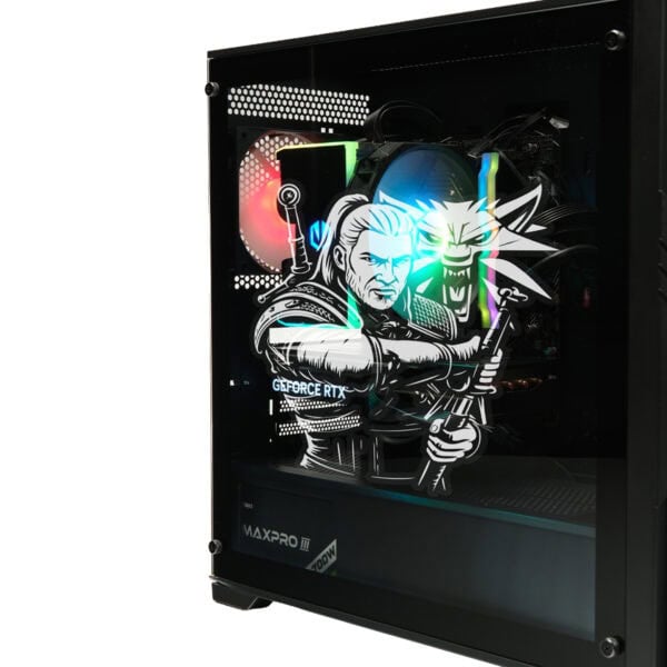 Yüksek performanslı gaming bilgisayarı iç görünümü, aydınlatmalı RGB PVC fanlı, NVIDIA GeForce RTX ekran kartı ve güç kaynağı detayları ile şık ofis veya oyun sistemi.
