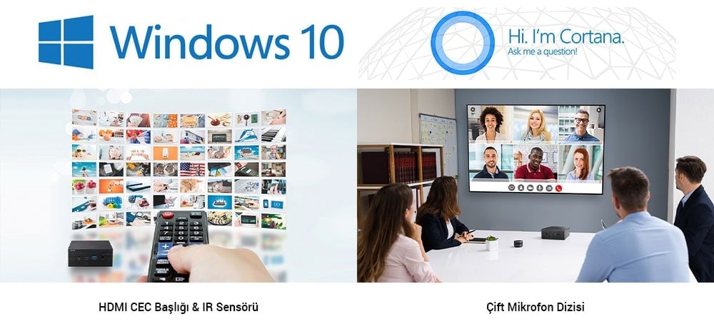Görüntüde uzaktan kumanda ve çeşitli medya içerikleri, Windows 10 ve televizyon kullanımı öne çıkan tema.