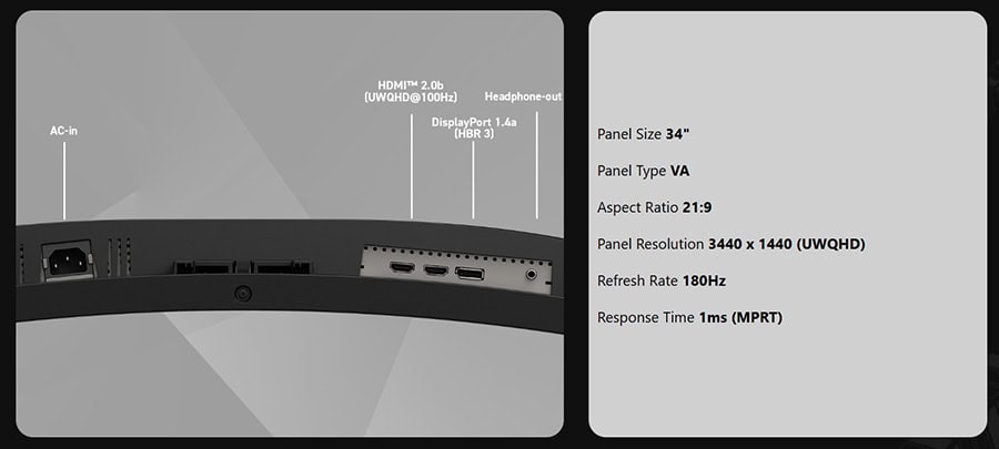 Yüksek çözünürlüklü 34 inç gaming monitörü, 3440x1440 UHD ekran, 180Hz yenileme hızı ve 1ms tepki süresi ile üstün oyun deneyimi sunar.