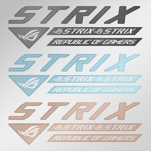 ROG Strix 1000W Platinum White Edition Renkli STRIX ve Republic of Gamers logoları ile oyun donanımı ve bilgisayar aksesuarları.