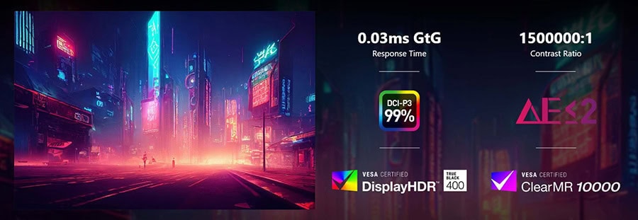 Görüntüdeki yüksek performanslı oyun ekranı, neon ışıklı şehir ve hızlı ekran yenileme oranları, profesyonel oyun deneyimi ve yüksek çözünürlük vurgusu; gaming ve oyun monitörü SEO anahtar kelimeleriyle uyumlu.