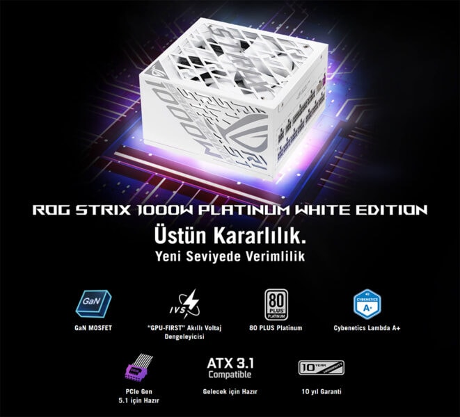 ROG Strix 1000W Platinum White Edition - ROG STRIX 1000W PLATİNUM BEYAZ EDİTİON yeni nesil güç kaynağı, yüksek verimlilik ve stabilite, gaming ve yüksek performans PC'ler için ideal.