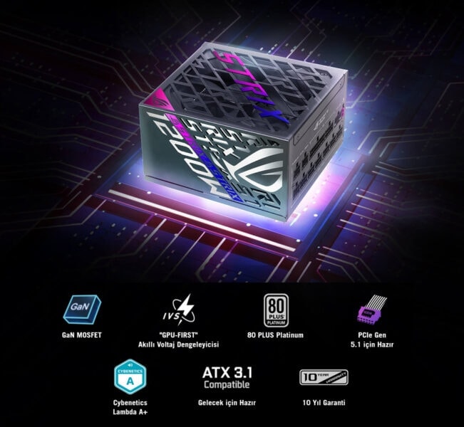 ROG STRIX 1200W Platinum Yüksek performanslı gaming işlemcisi ve anakart özellikleri, AMD Ryzen 5000 serisi CPU, ATX 3.1 uyumlu anakart, 80 Plus Platinum güç kaynağı, PCIe Gen 5 desteği ve 10 yıl garanti ile güçlü oyun bilgisayarı parçası.