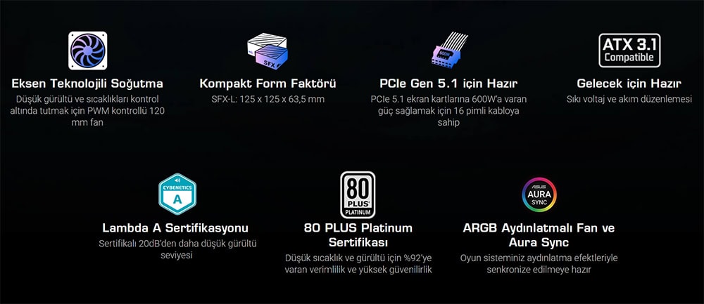 ROG LOKI SFX-L 850W Platinum Yüksek performanslı bilgisayar bileşenleri ve oyun donanımı, sessiz ve etkili soğutma çözümleri ile profesyonel gaming donanımı, ARGB aydınlatmalı fanlar ve sertifikalar.