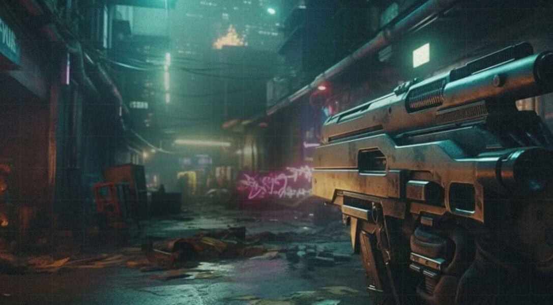GY01 - Karanlık cyberpunk şehir atmosferi, neon ışıklar, gelişmiş silah ve siber savaş temasıyla oyun ve teknoloji odaklı SEO uyumlu görsel.