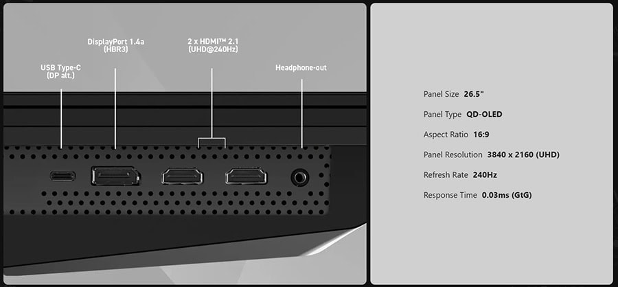 Yüksek çözünürlüklü 4K UHD gaming monitörü arka panel detayları, HDMI ve USB bağlantıları, QD-OLED ekran ve hızlı tepki süresi ile profesyonel oyuncular için optimize edilmiştir.