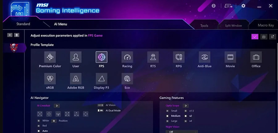 MSI Oyun Zeka Paneli, Oyun Modları ve Optik Scope Ayarları ile yüksek performanslı oyun deneyimi sağlar.