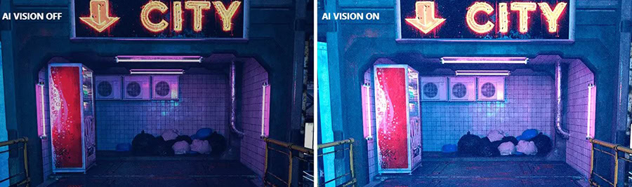 Pikselasyon ve yapay zeka kullanılarak gizlenmiş şehir giriş kapısı iç mekanı, neon ışıklı şehir tabelası ve vending makinesi, loş aydınlatma ve modern şehir atmosferi, siber şehir teması ve gece görüntüsü.