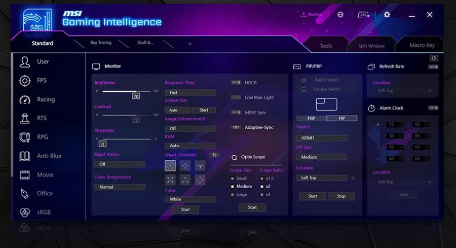 MSI Gaming Intelligence ekran ayarları, monitör ve renk düzenleme seçenekleri, oyun performansı artırıcı araçlar, ekran parlaklığı ve kontrast ayarları, oyun içi görüntü optimize etme, gelişmiş ekran ve HDR ayarları, oyun performansını yükselten özellikler, RGB ışıklandırma ve ekran çözünürlüğü ayarları ile oyuncular için tasarlanmış detaylı ekran yönetimi paneli.
