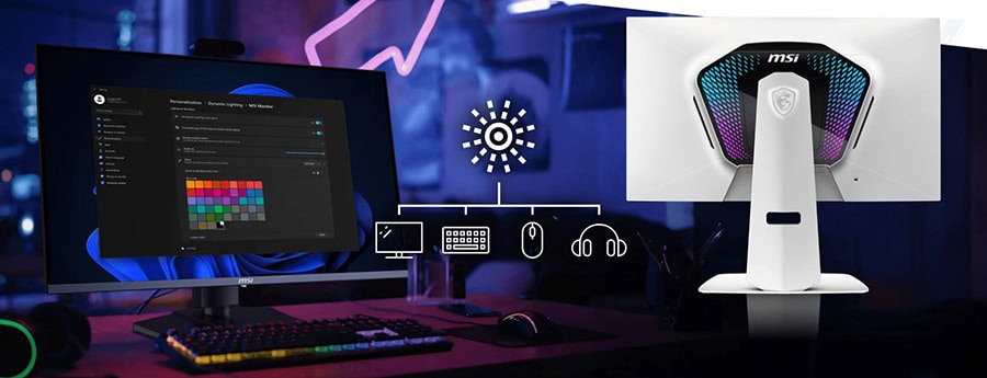 Yüksek performanslı oyun bilgisayarı ve monitör kurulumu, RGB aydınlatmalı klavye ve ses ekipmanları ile e-spor ve oyun odası tasarımı, teknolojik gaming ekipmanları.
