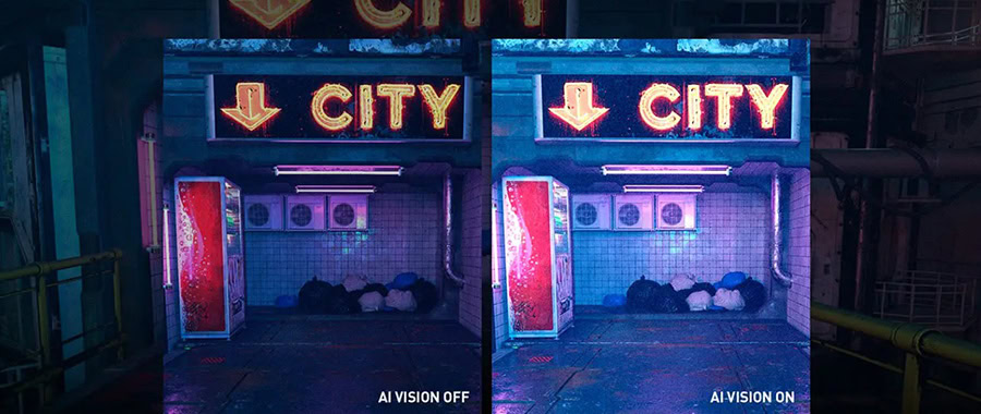 Gelişmiş gece şehir çıkartması ve neon ışıklar altında, yapay zeka ile geliştirilmiş görsel efektlerle aydınlatılmış modern şehir giriş alanı, görsel detaylar ve renk kontrastları.