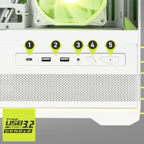 USB bağlantıları, ses bağlantıları, güç düğmesi ve LED düğmesi.