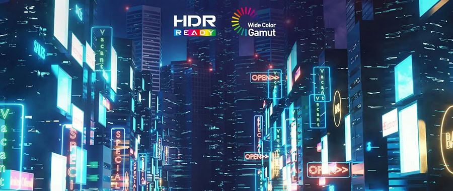 Yüksek çözünürlüklü şehir mekanı, parlak neon ışıklarıyla dolu, oyun ve dijital teknolojiyi temsil eden futuristik görüntü, HDR ve geniş renk gamı vurgulanmıştır.