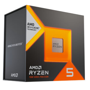 Ürün kutusu üzerinde AMD Ryzen 5 işlemci, 7000 Serisi, 3D V-Cache teknolojisi ve yüksek performans vurgusu ile modern işlemci görseli.