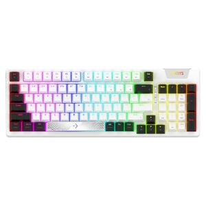Renkli RGB arka aydınlatmalı oyuncu klavyesi, beyaz gövde ve renkli tuşlar, gaming, ofis ve günlük kullanım için ideal, yüksek performanslı mekanik klavye, bilgisayar aksesuarları.