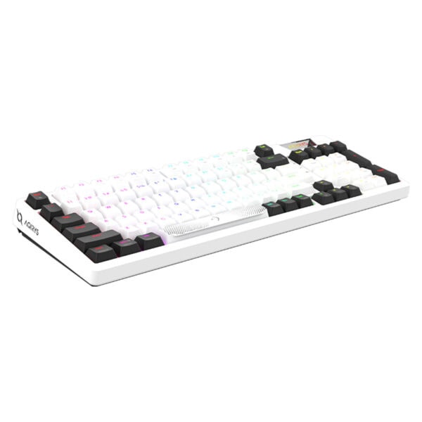 Renkli ışıklı gaming klavye, RGB aydınlatmalı mekanik oyun klavyesi, beyaz ve siyah tuşlar ile yüksek performanslı bilgisayar aksesuarı.