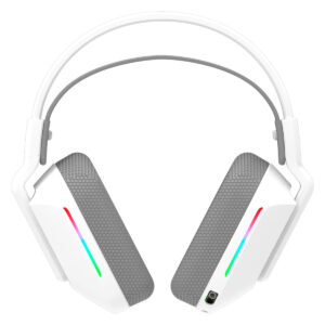 Yüksek kaliteli gaming kulaklık, beyaz renkli ve RGB ışıklandırmalı, hafif tasarım ve surround ses özelliği ile profesyonel oyuncular için ideal.