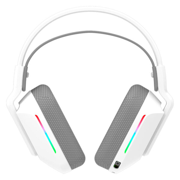 Yüksek kaliteli gaming kulaklık, beyaz renkli ve RGB ışıklandırmalı, hafif tasarım ve surround ses özelliği ile profesyonel oyuncular için ideal.