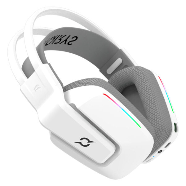 Dekoratif oyun ve müzik odaklı tasarıma sahip kablosuz beyaz gaming kulaklık.