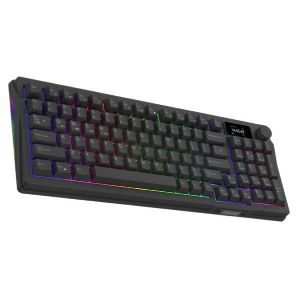 Renkli RGB arka ışıklı oyuncu bilgisayarı klavyesi, mekanik tuşlar ve entegre ekran ile yüksek performanslı oyun klavyesi.