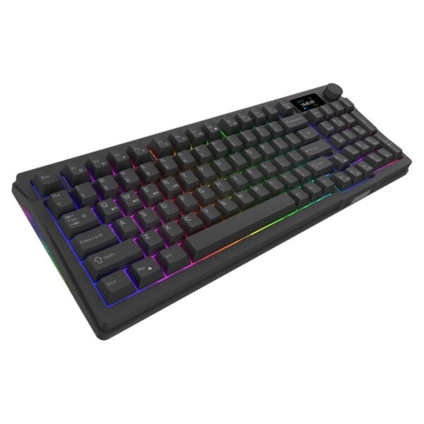 Renkli arka aydınlatmalı gaming mecánico klavye, RGB ışıklandırmalı, yüksek performanslı ve dayanıklı oyun klavyesi, ergonomik tasarım ve çeşitli oyun modları ile optimal oyun deneyimi sağlar.