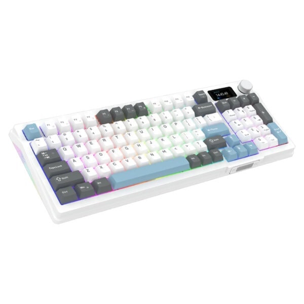 Gövde üzerinde renkli arka aydınlatmalı bilgisayar klavyesi, gaming ve yazılım kullanımına uygun, RGB ışıklandırma ve multi fonksiyonlu tuşlara sahip modern tasarım.