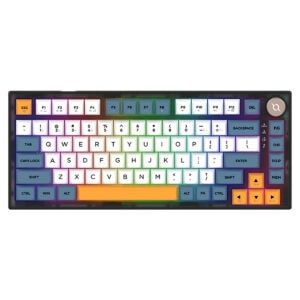 Renkli RGB arka ışıklı bilgisayar klavyesi, oyun ve yazılım kullanımı için ideal, hafif ve ergonomik tasarımlı, kompakt ve dayanıklı yapıya sahip.