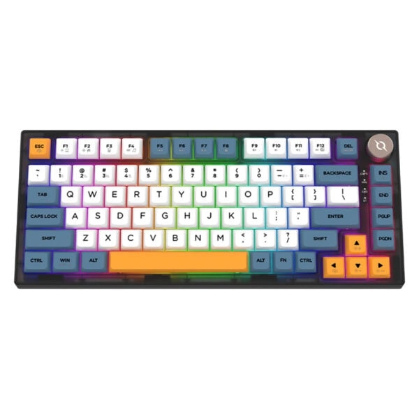 RGB aydınlatmalı oyuncu bilgisayarı klavye, çeşitli renklerle detaylandırılmış, sessiz ve dayanıklı tuşlara sahip, oyun ve yazılım kullanımı için ideal, ergonomik tasarım.