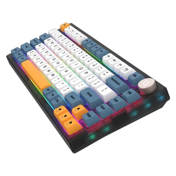 Renkli RGB ışıklı gaming mekanik klavye, oyun ve bilgisayar kullanımı için tasarlanmış, dayanıklı tuşlara sahip, çeşitli fonksiyonlara sahip kompakt klavye.