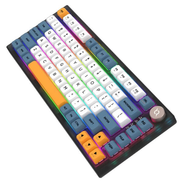 Renkli RGB arka aydınlatmalı gaming mekanik klavye, çeşitli fonksiyon tuşları ve ergonomik tasarımıyla oyun ve ofis kullanımı için ideal. Özelleştirilebilir aydınlatma ve dayanıklı yapı.