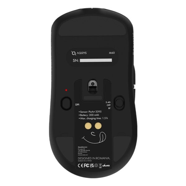 Yüksek performanslı oyun ve ofis kullanımı için tasarlanmış kablosuz gaming mouse, ergonomik tasarımıyla konfor sunar. XORİYS M60 modelinin alt görünümü, sensör bilgileri ve şarj detayları ile birlikte.