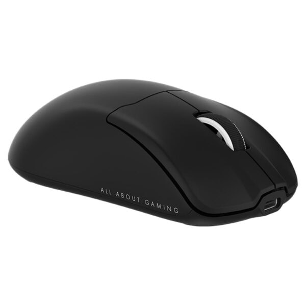 Dizüstü bilgisayar ve oyunlar için kablosuz siyah mouse, ergonomik tasarım ve yüksek hassasiyetli kaydırıcı ile. "All About Gaming" yazısı ile gece kullanımı için ideal.