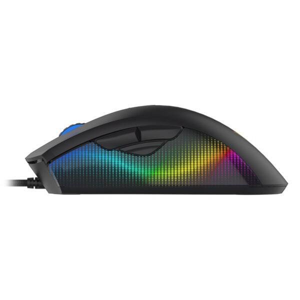 Yüksek kaliteli oyun faresinin yan görünümü, RGB aydınlatma ve ergonomik tasarıma sahip, oyun ve yarışma için ideal bilgisayar aksesuarı.