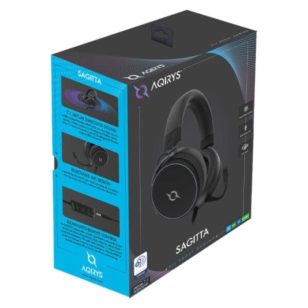 Kulaklık paketi AQUIRY'S Sagitta, 7.1 sanal surround ses, çıkarılabilir mikrofon ve ışıklı uzak kumanda özellikleri ile oyun ve iletişim için tasarlanmıştır.