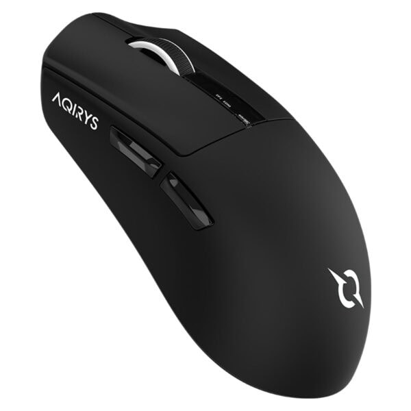 Düşük açıdan siyah kablosuz oyun faresi, yüksek hassasiyetli, ergonomik tasarım, AQUIRYS logosu ve toplam 6 tuşlu, gamer ve profesyonel kullanımlar için ideal, hızlı tepki süresi.