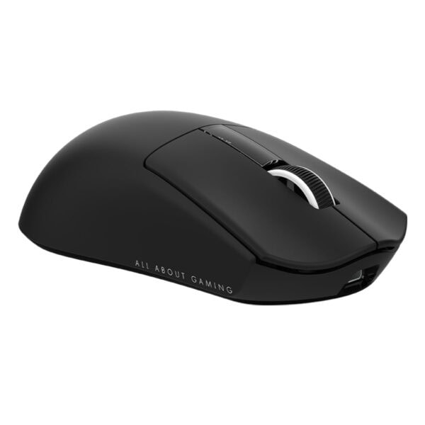 Yüksek çözünürlüklü siyah kablosuz oyun faresi, ergonomik tasarımı ve hassas tekerleği ile oyun ve ofis kullanımı için ideal, "All About Gaming" yazısı ile modern görünüm sağlar.