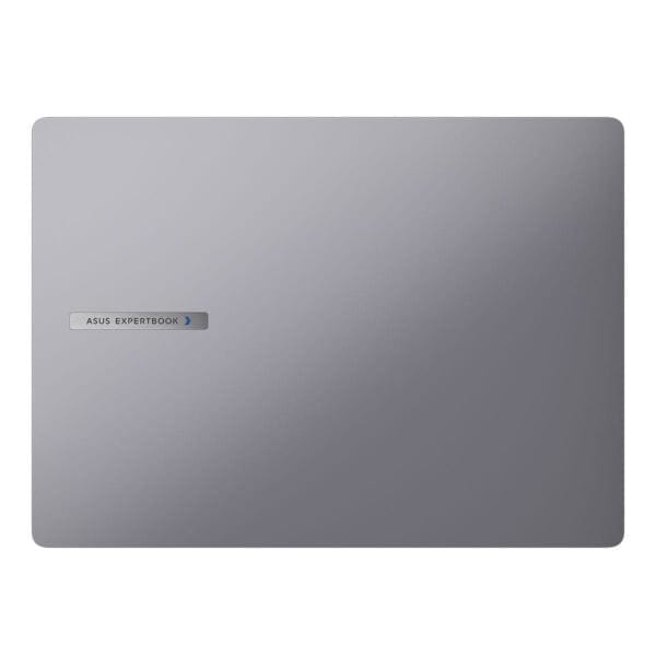 Gümüş renkli ASUS ExpertBook dizüstü bilgisayar ön yüzü, ince ve şık tasarım, profesyonel görünüm, yüksek performans, iş ve eğitim amaçlı kullanıma uygun, modern dizüstü bilgisayar.