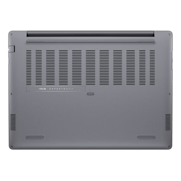Yüksek performanslı ASUS ExpertBook dizüstü bilgisayar alt yüzü. Hava filtreleme ve soğutma delikleri ile tasarlanmış, dayanıklı ve hafif aluminum gövde özellikleri içerir.