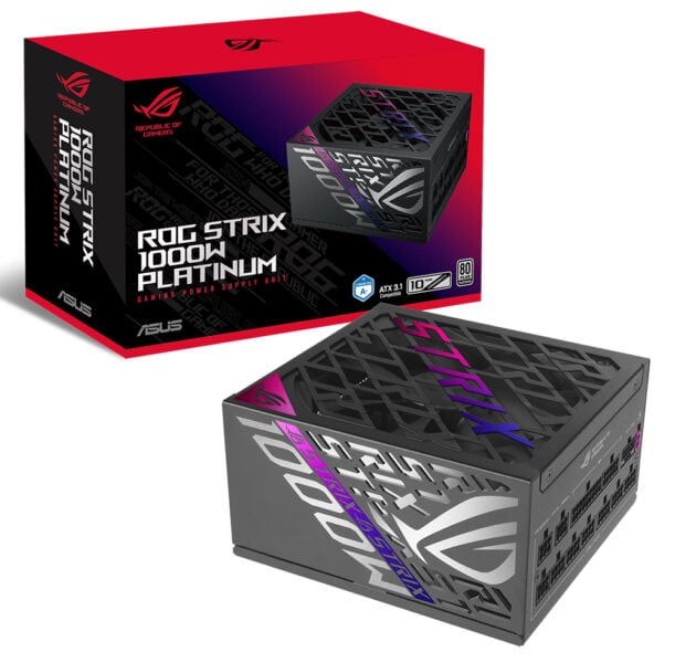 ROG STRIX 1000W PLATİNUM Oyun Güç Kaynağı, yüksek performans ve verimlilik sağlayan dayanıklı güç ünitesi, ASUS ve AMD uyumlu, oyun ve bilgisayar toplama için ideal.