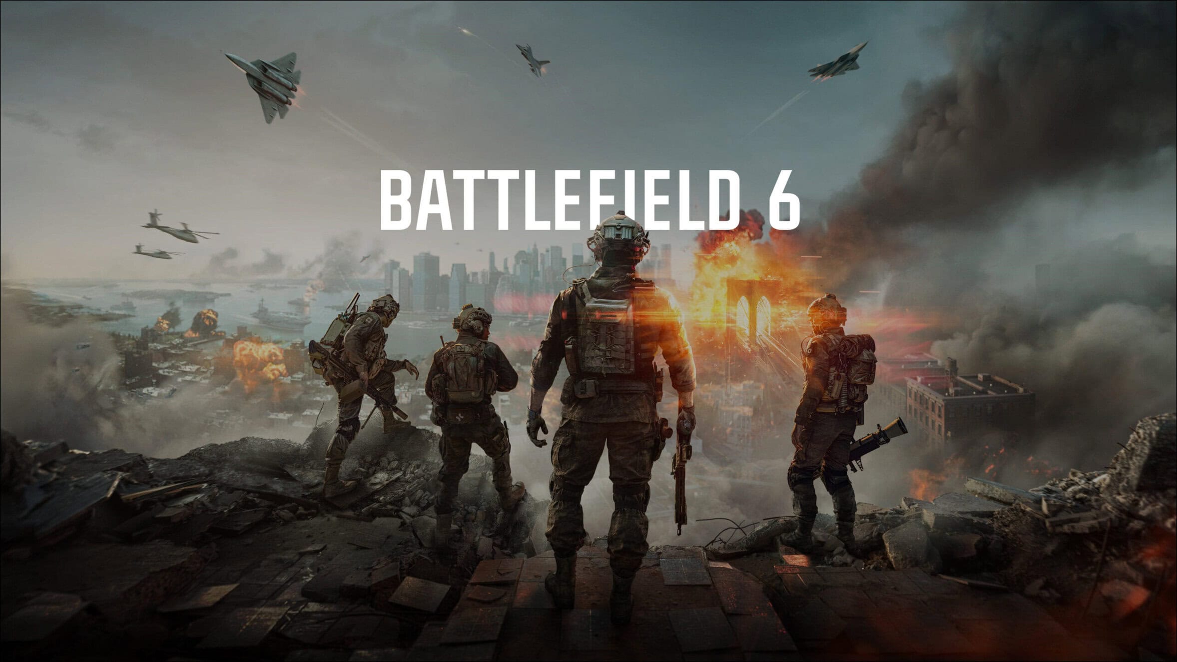 Yarışan savaş uçakları ve savaşçıların bulunduğu, yıkılmış şehir manzarasıyla savaş temalı Battlefield 6 oyunu görseli, yüksek detay ve dramatik atmosfer, FPS ve savaş oyunları için ideal.