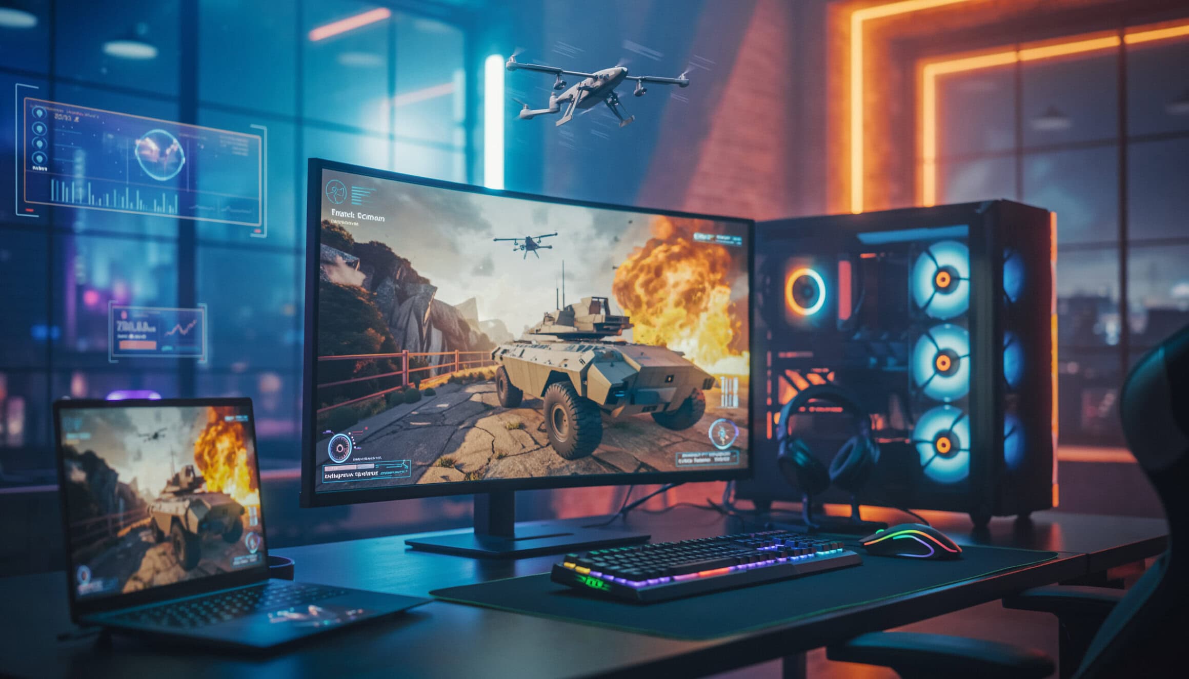 Yapay savaş tankı ve dron ile savaş oyunları oynayan yüksek performanslı bilgisayar ve monitörlerin olduğu gaming setup, güçlü oyun bilgisayarı ve RGB aydınlatmalı oyun donanımları.