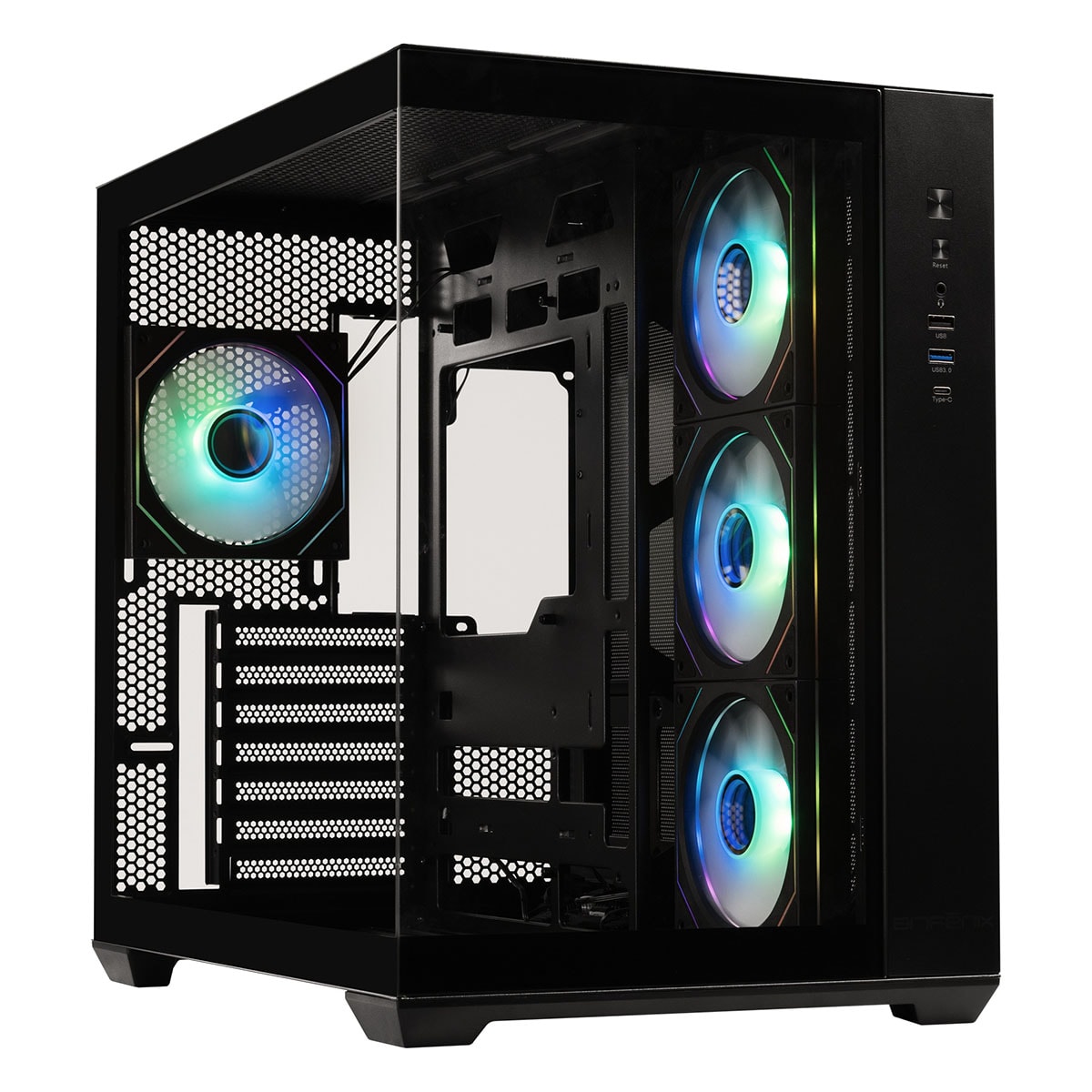 Karmaşık olmayan şeffaf bilgisayar kasası, RGB fanlar ile lüx ve yenilikçi tasarım, yüksek performans oyuncu ve ofis kullanımı için ideal, piyasa trendlerine uygun.