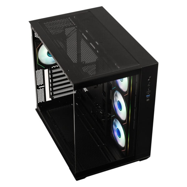 Yüksek performanslı oyun bilgisayarı kasası, iç kısmında RGB aydınlatmalı fanlar ve hava akışını sağlayan soğutma sistemi ile şık ve fonksiyonel tasarım.